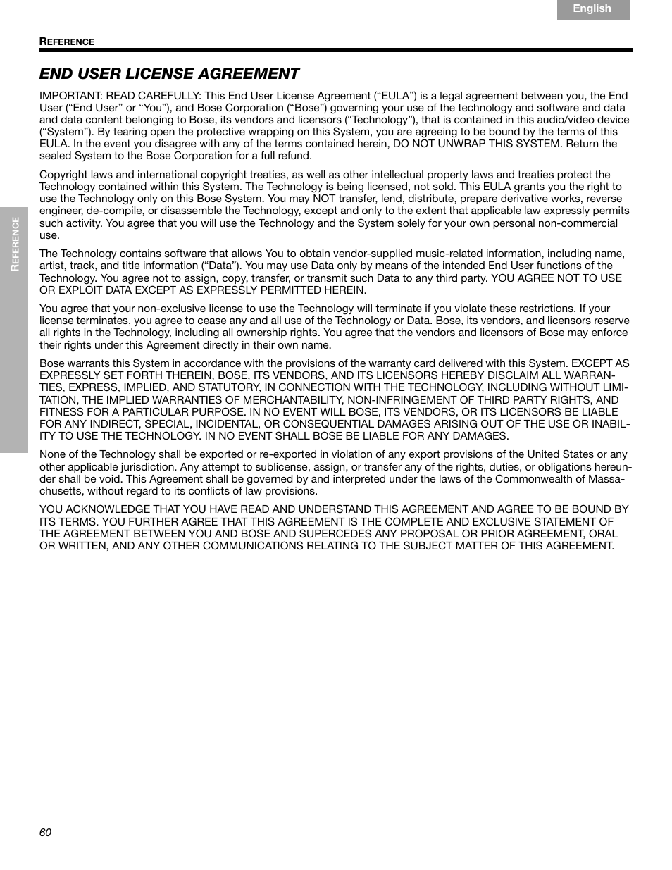 End user license agreement | Bose LIFESTYLE 289328 User Manual | Page 60 / 68