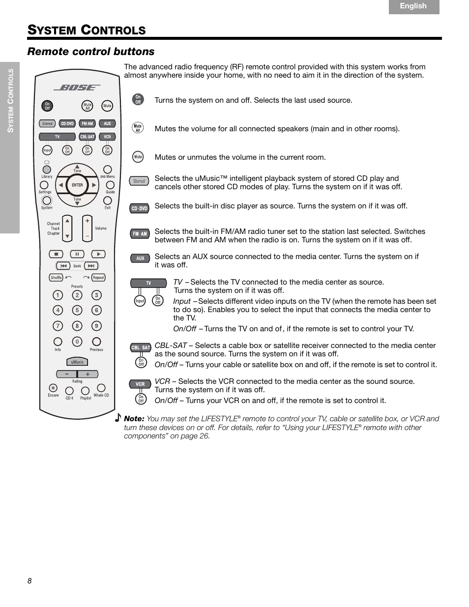 Ystem, Ontrols, Remote control buttons | Bose LIFESTYLE 289328 User Manual | Page 8 / 68
