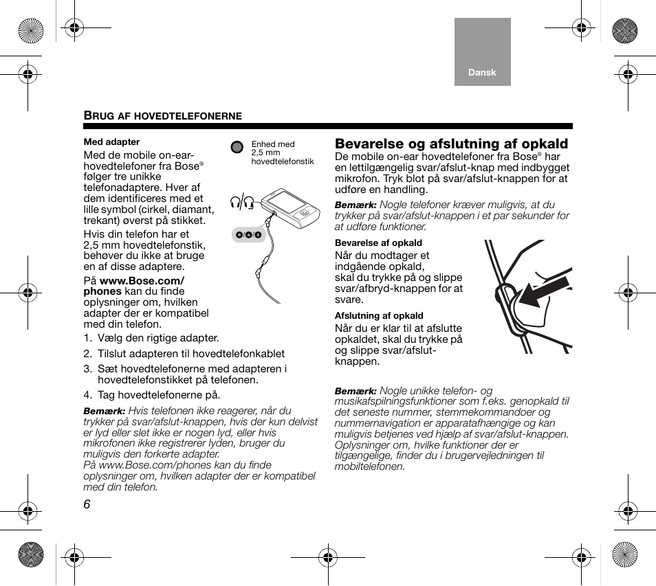 Bevarelse og afslutning af opkald | Bose AM319137 User Manual | Page 14 / 132