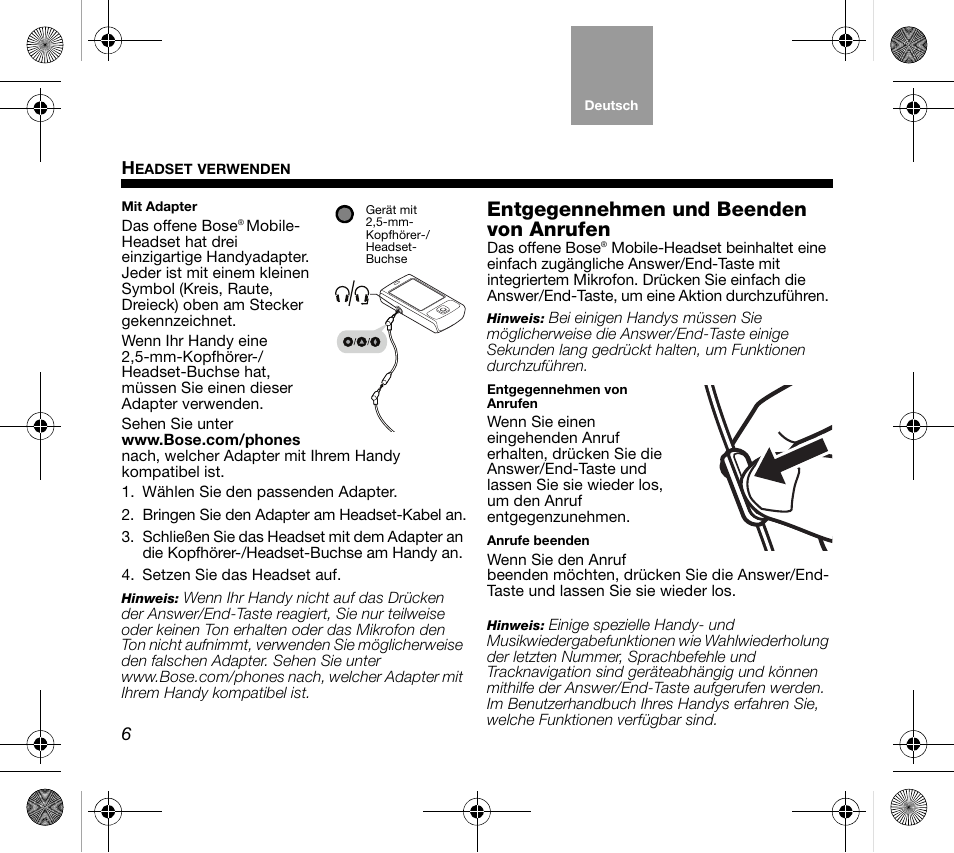 Entgegennehmen und beenden von anrufen | Bose AM319137 User Manual | Page 22 / 132