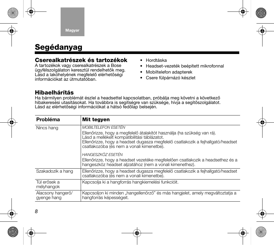 Segédanyag, Cserealkatrészek és tartozékok, Hibaelhárítás | Bose AM319137 User Manual | Page 56 / 132