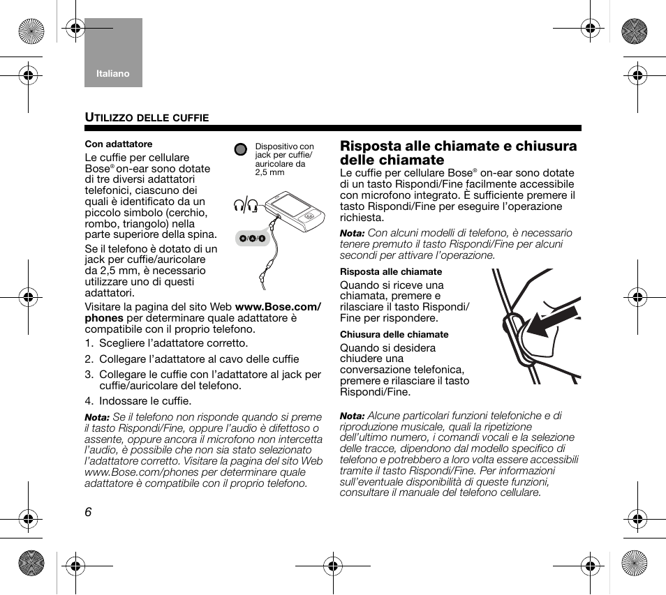 Risposta alle chiamate e chiusura delle chiamate | Bose AM319137 User Manual | Page 62 / 132