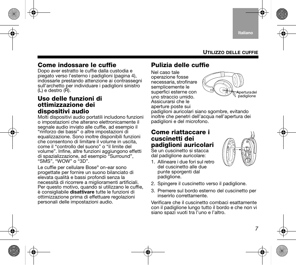 Come indossare le cuffie, Pulizia delle cuffie | Bose AM319137 User Manual | Page 63 / 132