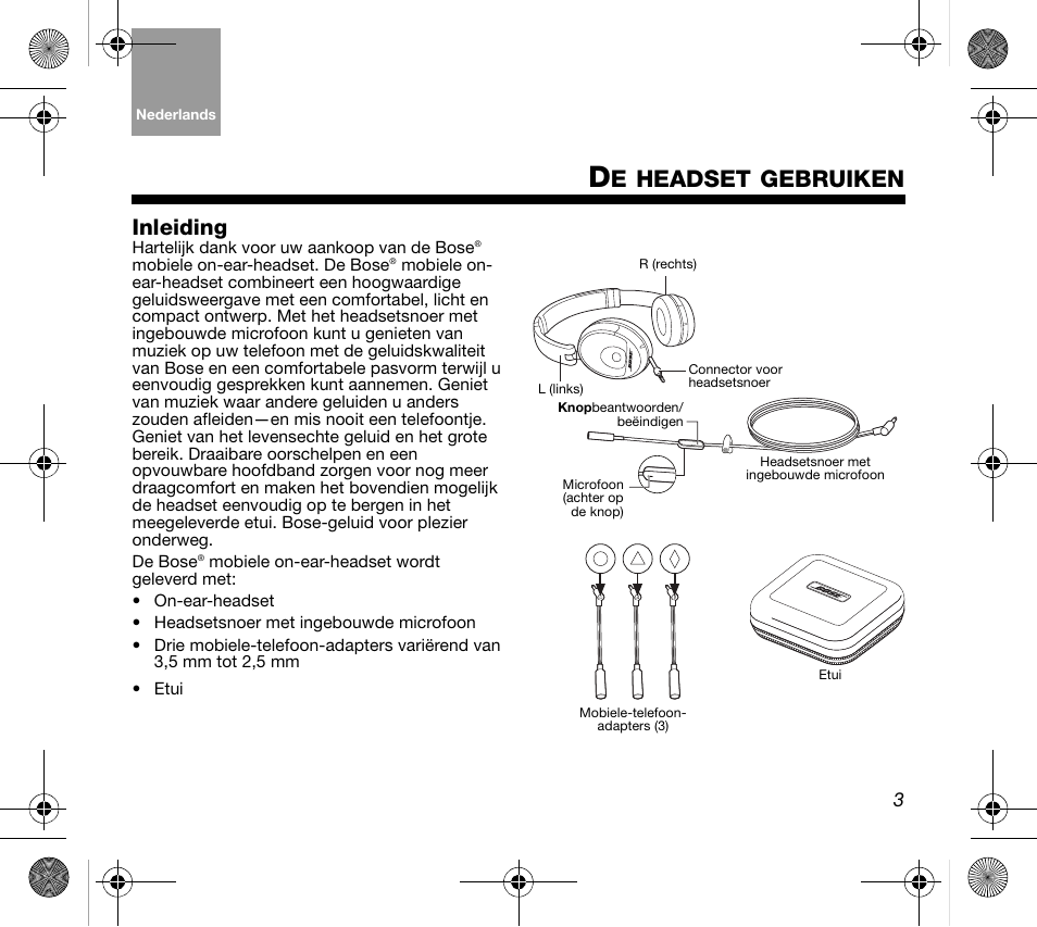 Headset, Gebruiken, Inleiding | Bose AM319137 User Manual | Page 67 / 132