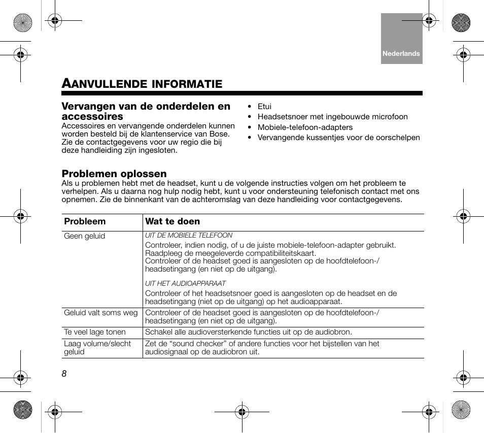 Anvullende, Informatie, Vervangen van de onderdelen en accessoires | Problemen oplossen | Bose AM319137 User Manual | Page 72 / 132