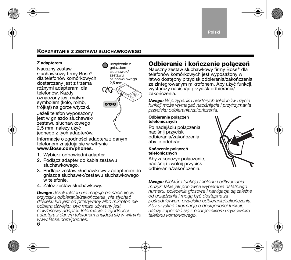 Odbieranie i kończenie połączeń | Bose AM319137 User Manual | Page 78 / 132