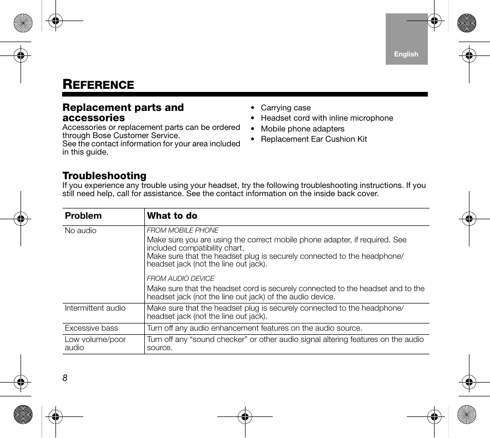 Eference, Replacement parts and accessories, Troubleshooting | Bose AM319137 User Manual | Page 8 / 132