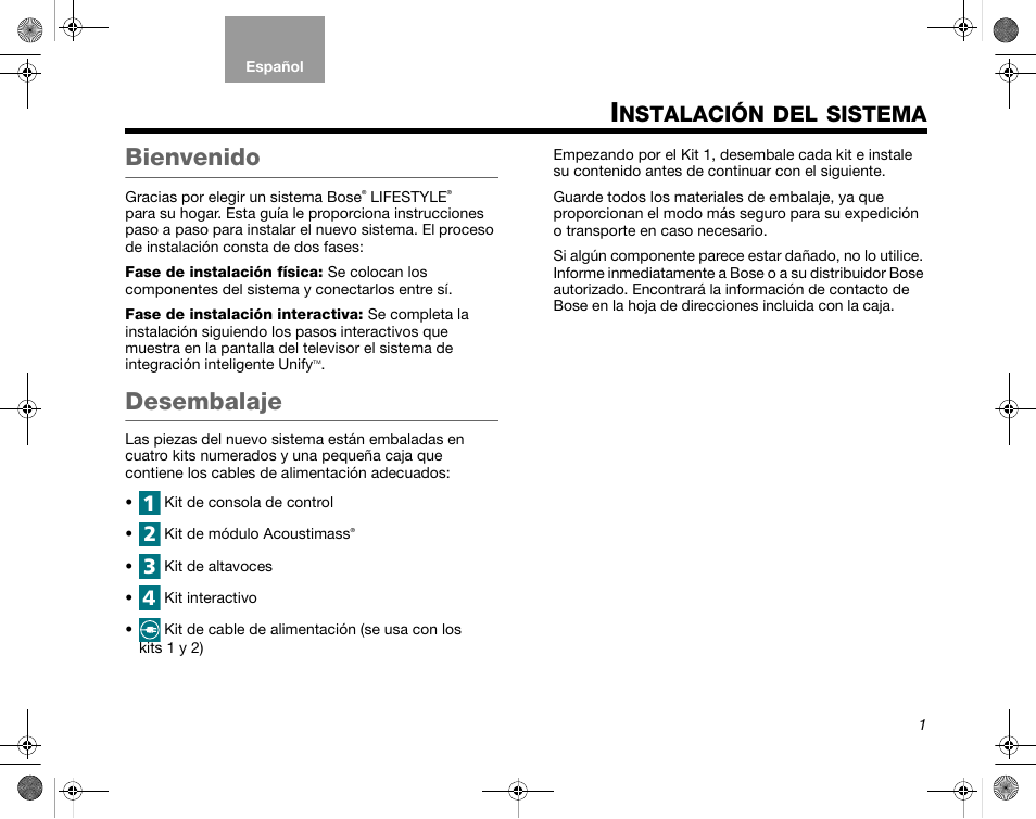 Bienvenido, Desembalaje, Nstalación | Sistema | Bose LIFESTYLE V35 User Manual | Page 3 / 18