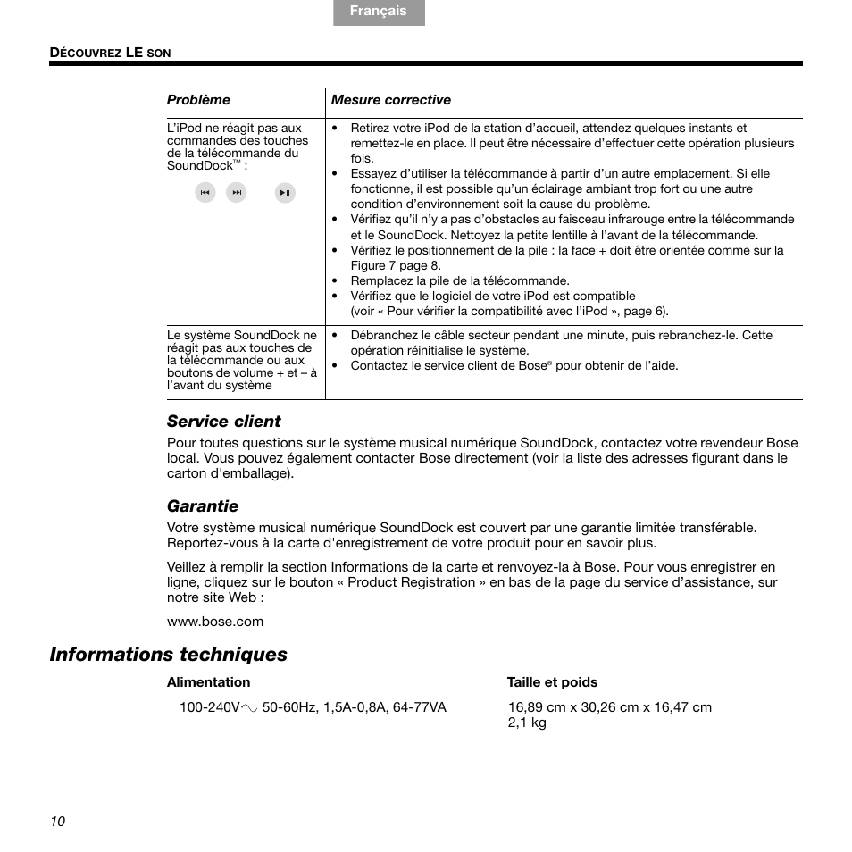 Informations techniques, Service client, Garantie | Bose 336 User Manual | Page 44 / 72