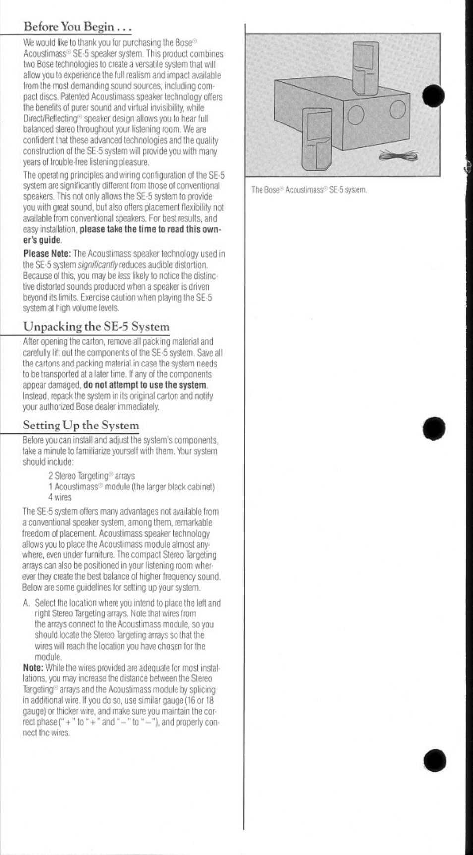 Before you begin, Unpacking the se-'s system, Setting up the system | Bose SE-5 User Manual | Page 2 / 8