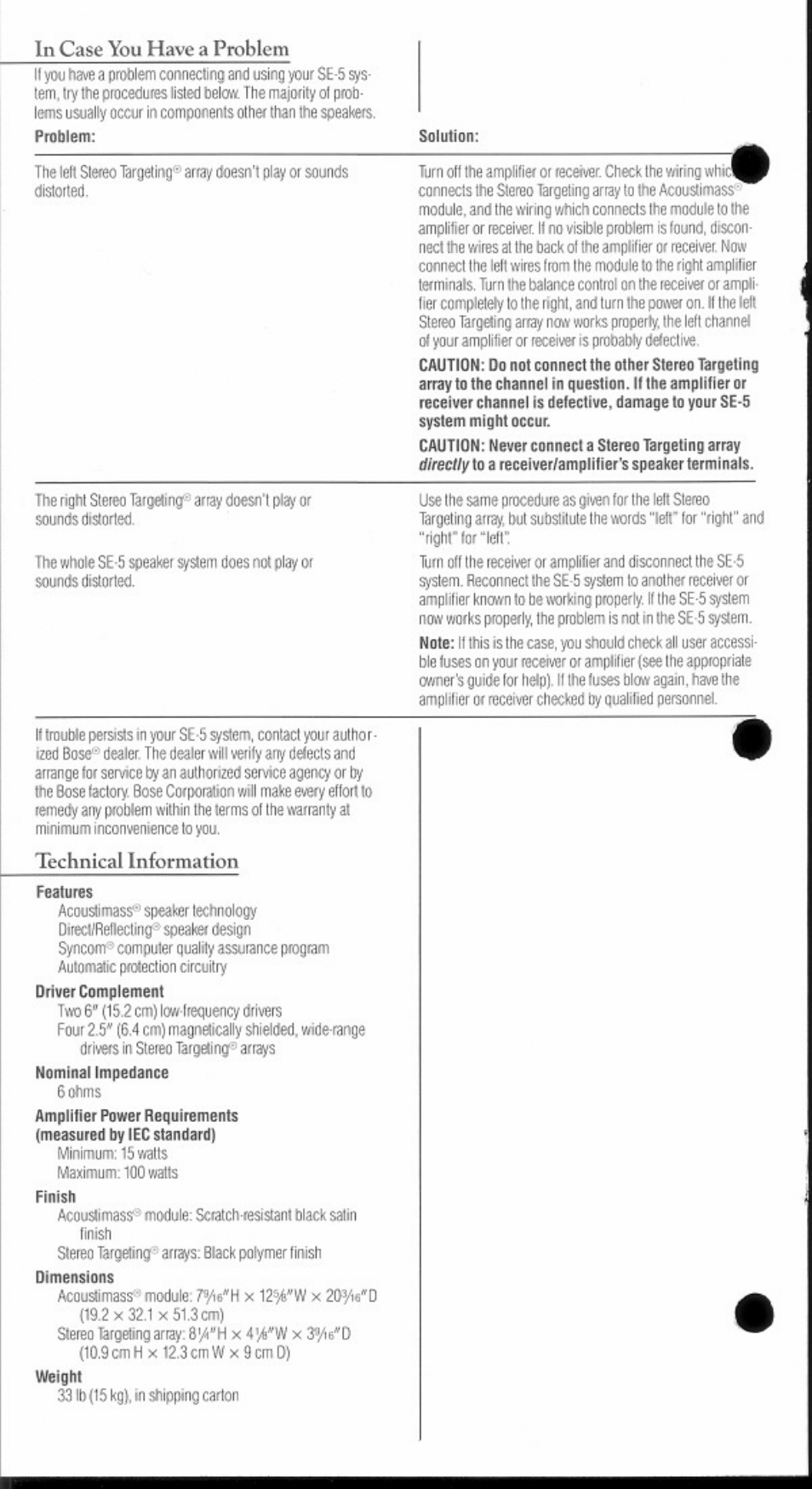 Technical information | Bose SE-5 User Manual | Page 6 / 8