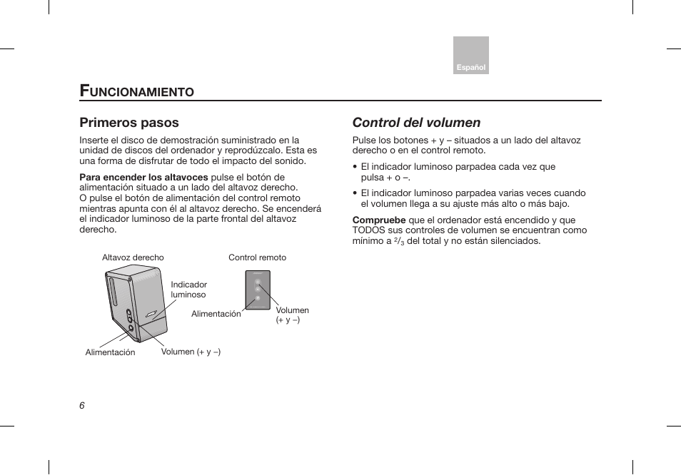 Primeros pasos, Control del volumen, Uncionamiento | Bose Desktop Speaker User Manual | Page 24 / 44