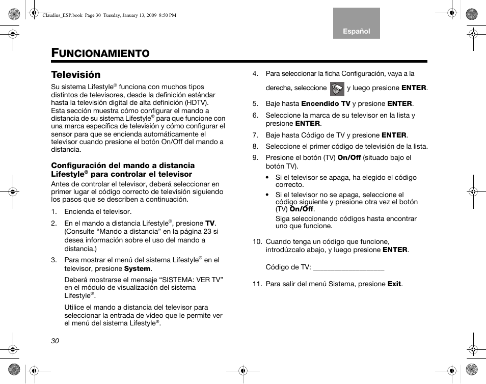 Uncionamiento, Televisión, Configuración del mando a distancia lifestyle | Funcionamiento” co, Funcionamiento, Funcionamiento” c | Bose Lifestyle V30 User Manual | Page 102 / 208