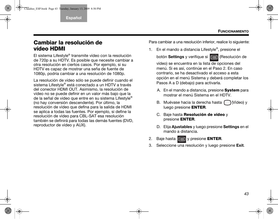 Cambiar la resolución de vídeo hdmi | Bose Lifestyle V30 User Manual | Page 115 / 208