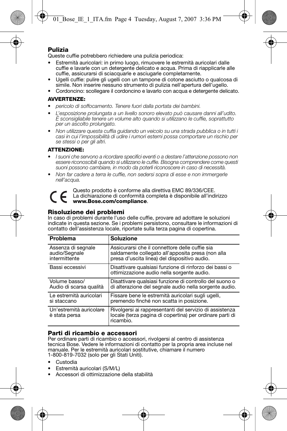 Pulizia, Risoluzione dei problemi, Parti di ricambio e accessori | Bose In-Ear Headphones User Manual | Page 25 / 55