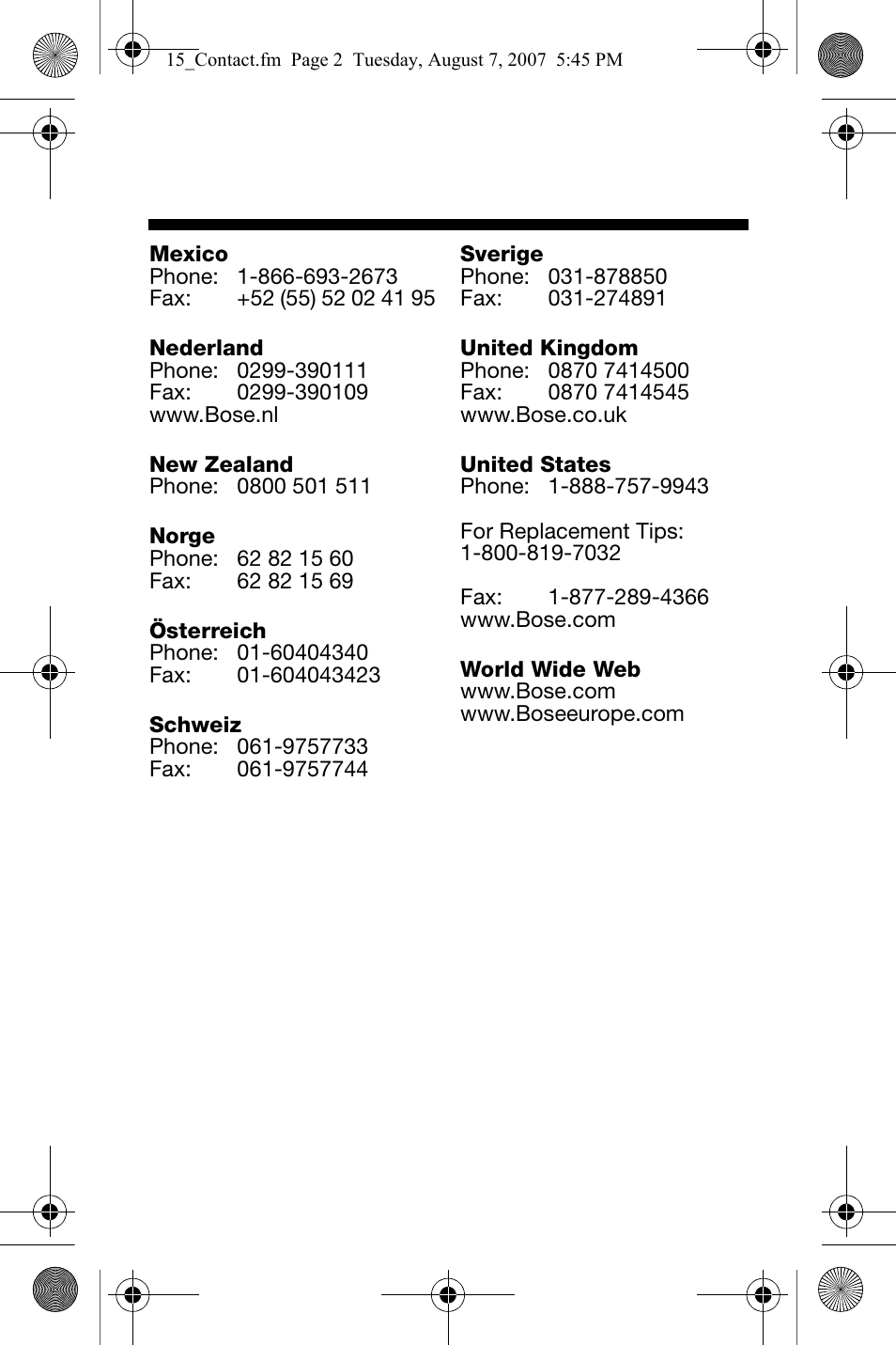 Mexico, Nederland, New zealand | Norge, Österreich, Schweiz, Sverige, United kingdom, United states, World wide web | Bose In-Ear Headphones User Manual | Page 55 / 55