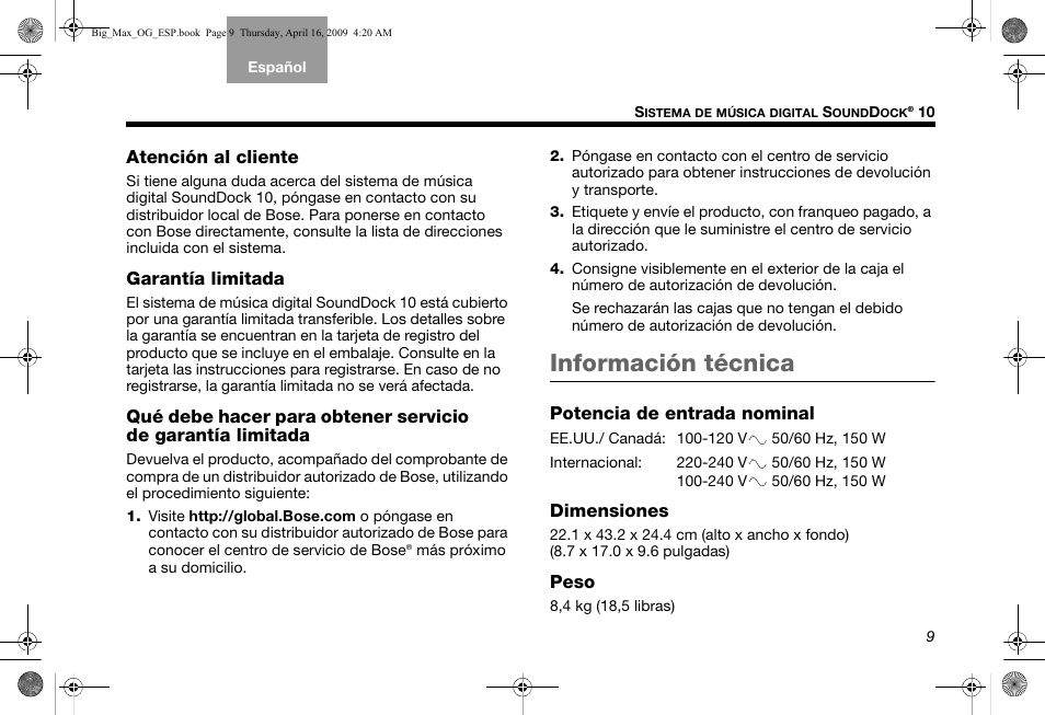 Información técnica | Bose SoundDock AM314136 User Manual | Page 25 / 40
