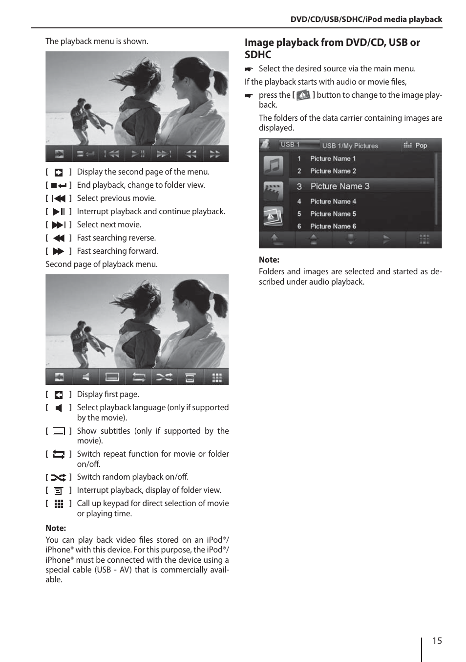 Image playback from dvd/cd, usb or sdhc | Blaupunkt NEW YORK 800 User Manual | Page 15 / 24