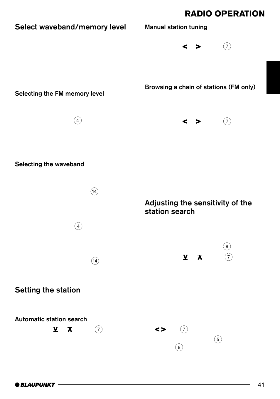 Radio operation, Setting the station, Adjusting the sensitivity of the station search | Blaupunkt Arizona DJ70 User Manual | Page 14 / 30