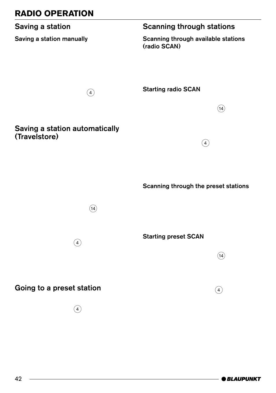 Radio operation, Saving a station, Saving a station automatically (travelstore) | Going to a preset station, Scanning through stations | Blaupunkt Arizona DJ70 User Manual | Page 15 / 30