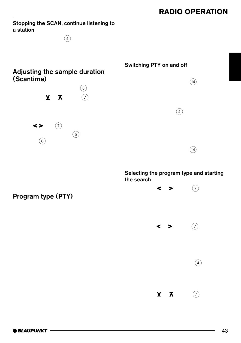 Radio operation, Adjusting the sample duration (scantime), Program type (pty) | Blaupunkt Arizona DJ70 User Manual | Page 16 / 30