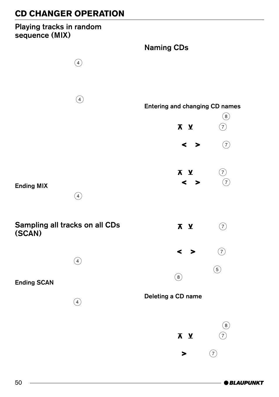 Cd changer operation, Playing tracks in random sequence (mix), Sampling all tracks on all cds (scan) | Naming cds | Blaupunkt Arizona DJ70 User Manual | Page 23 / 30