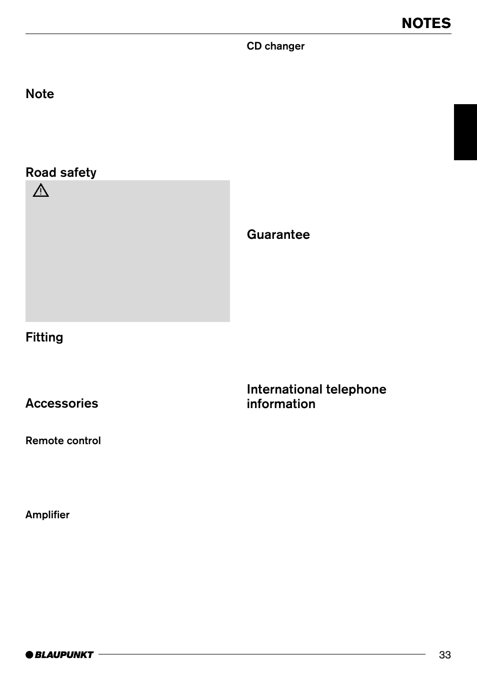 Road safety, Fitting, Accessories | Guarantee, International telephone information | Blaupunkt Arizona DJ70 User Manual | Page 6 / 30