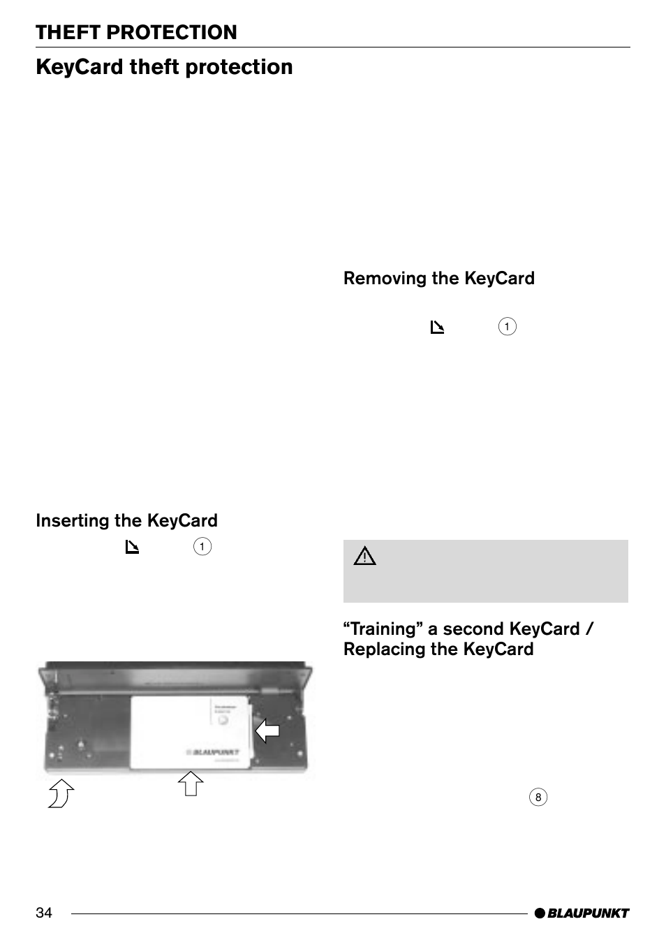 Keycard theft protection, Theft protection, Removing the keycard | Training” a second keycard / replacing the keycard, Inserting the keycard | Blaupunkt Arizona DJ70 User Manual | Page 7 / 30