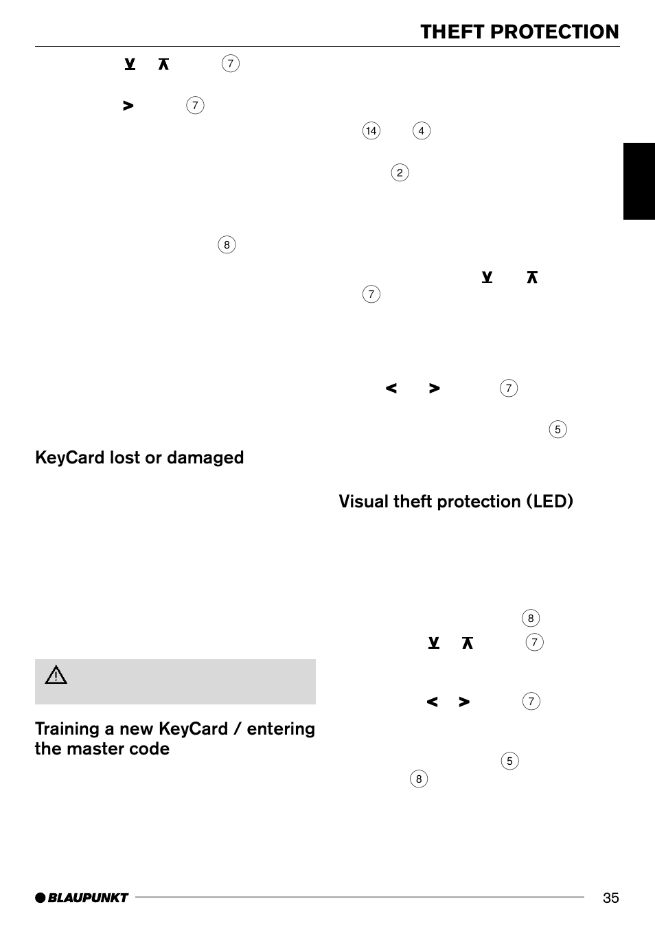 Theft protection, Keycard lost or damaged, Training a new keycard / entering the master code | Visual theft protection (led) | Blaupunkt Arizona DJ70 User Manual | Page 8 / 30