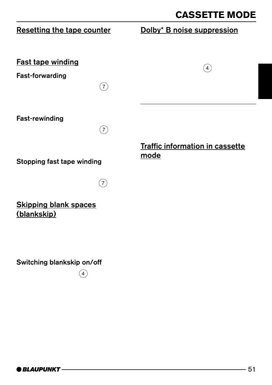 Cassette mode, Resetting the tape counter, Fast tape winding | Skipping blank spaces (blankskip), Dolby* b noise suppression, Traffic information in cassette mode | Blaupunkt Arizona DJ73 User Manual | Page 22 / 33