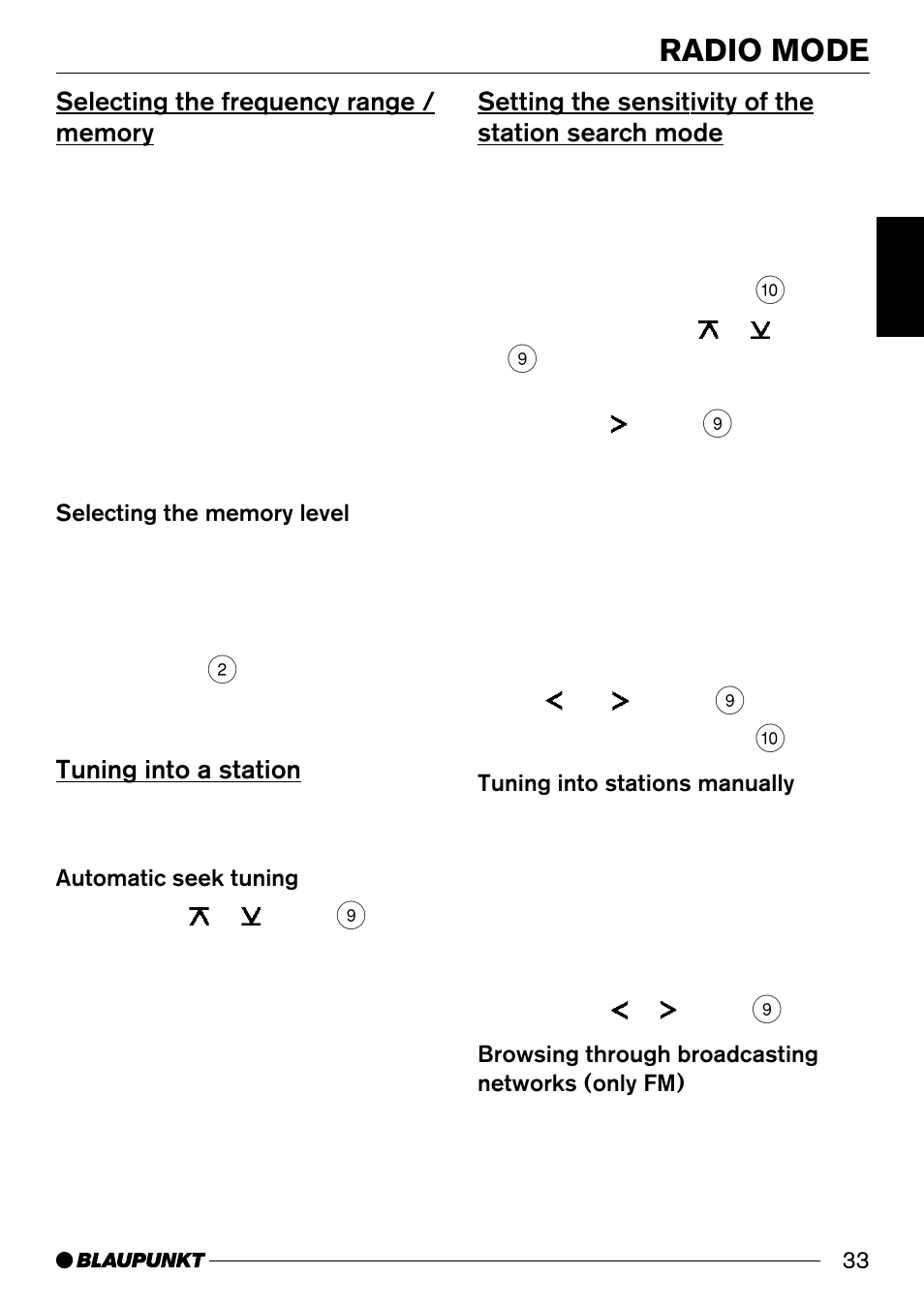 Radio mode, Tuning into a station, Setting the sensitivity of the station search mode | Blaupunkt Santa Cruz CD31 User Manual | Page 11 / 23