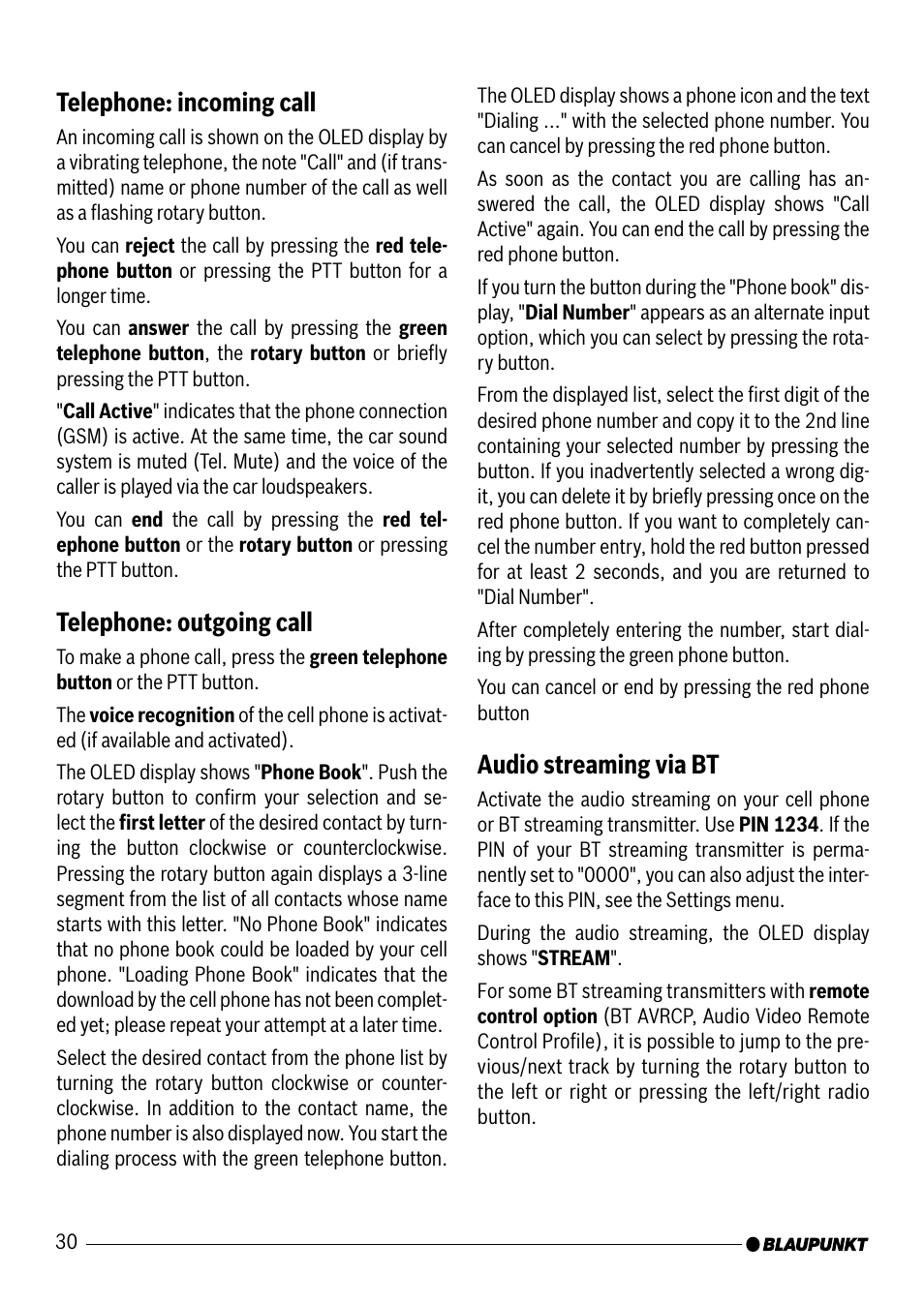 Telephone: incoming call, Telephone: outgoing call, Audio streaming via bt | Blaupunkt VW / AUDI 7 607 545 550 User Manual | Page 11 / 24