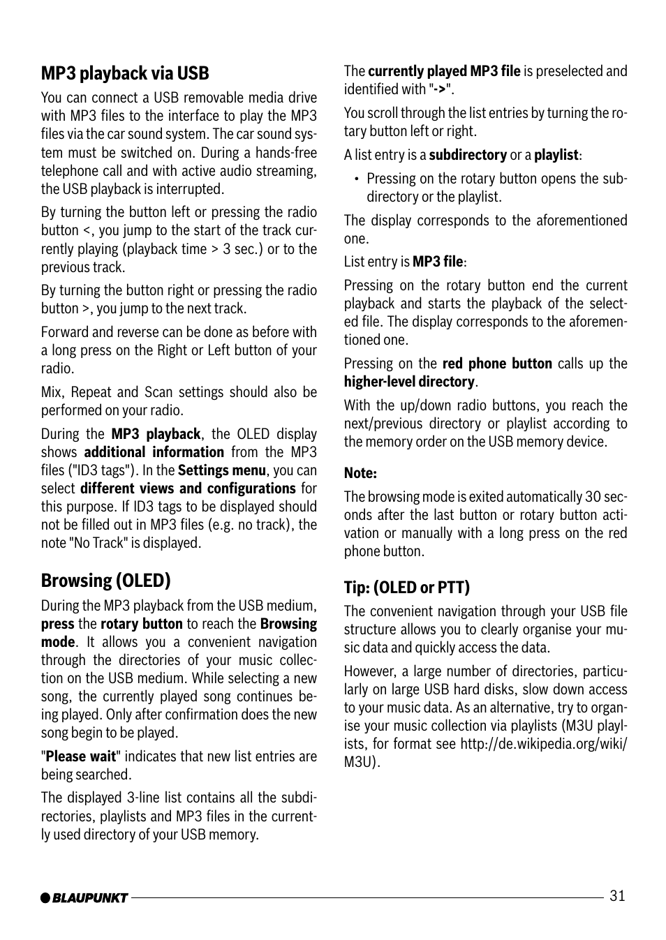 Mp3 playback via usb, Browsing (oled) | Blaupunkt VW / AUDI 7 607 545 550 User Manual | Page 12 / 24