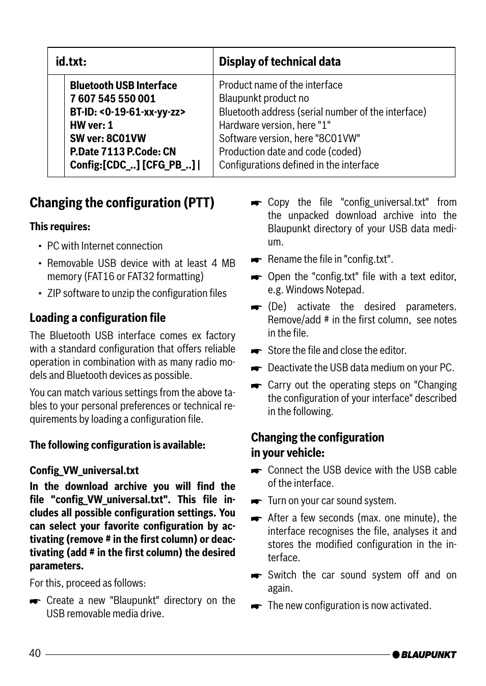 Changing the conﬁ guration (ptt) | Blaupunkt VW / AUDI 7 607 545 550 User Manual | Page 21 / 24