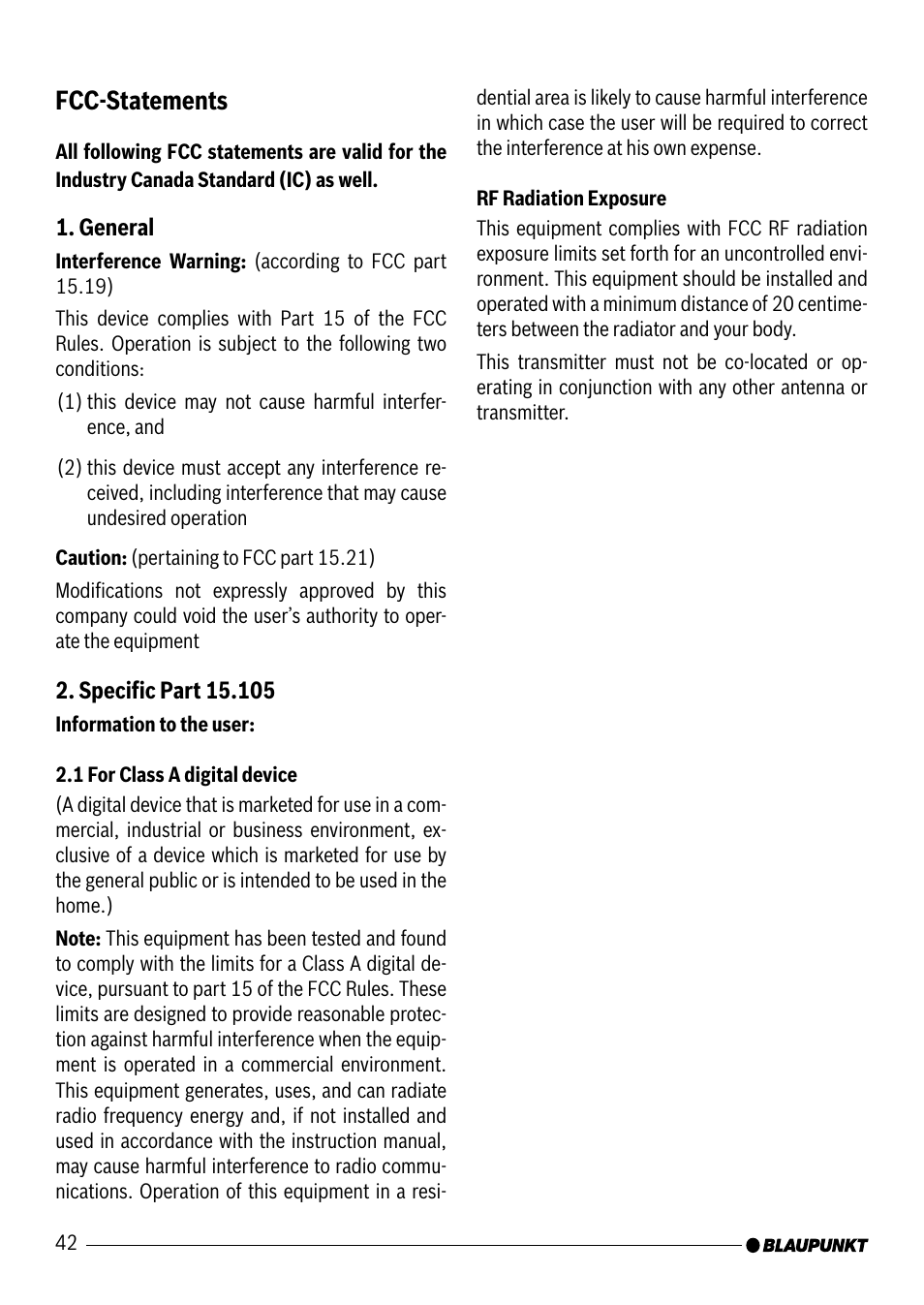 Fcc-statements | Blaupunkt VW / AUDI 7 607 545 550 User Manual | Page 23 / 24