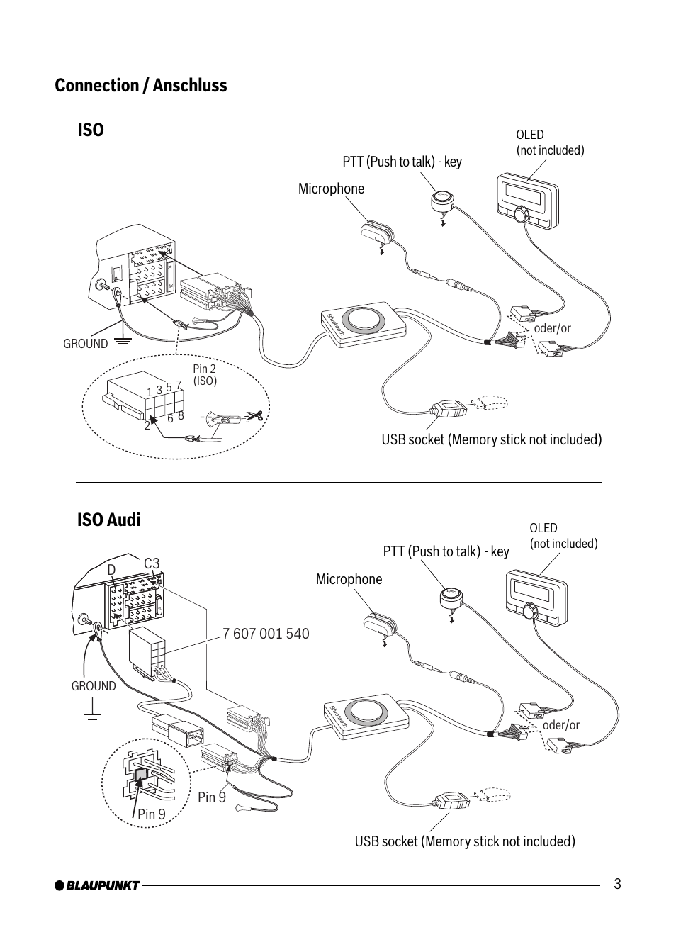 Iso audi, Connection / anschluss, Pin 9 | Dpin 9, Ground, Oder/or, Oled (not included) | Blaupunkt VW / AUDI 7 607 545 550 User Manual | Page 3 / 24