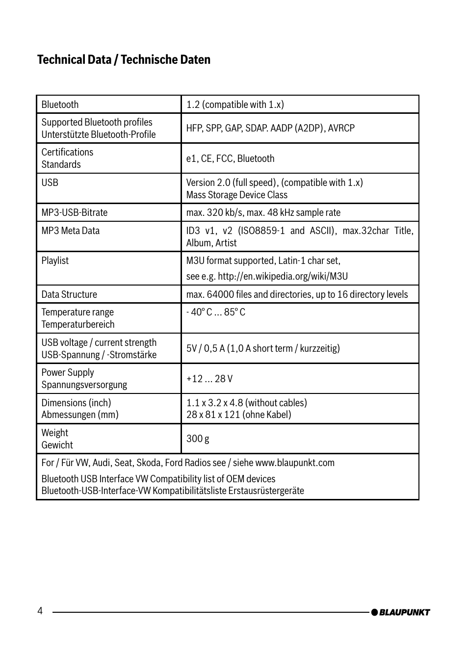 Technical data / technische daten | Blaupunkt VW / AUDI 7 607 545 550 User Manual | Page 4 / 24