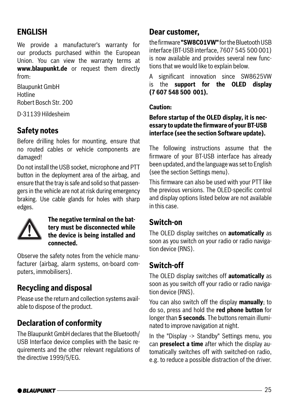 English, Recycling and disposal, Declaration of conformity | Dear customer, Switch-on, Switch-off | Blaupunkt VW / AUDI 7 607 545 550 User Manual | Page 6 / 24