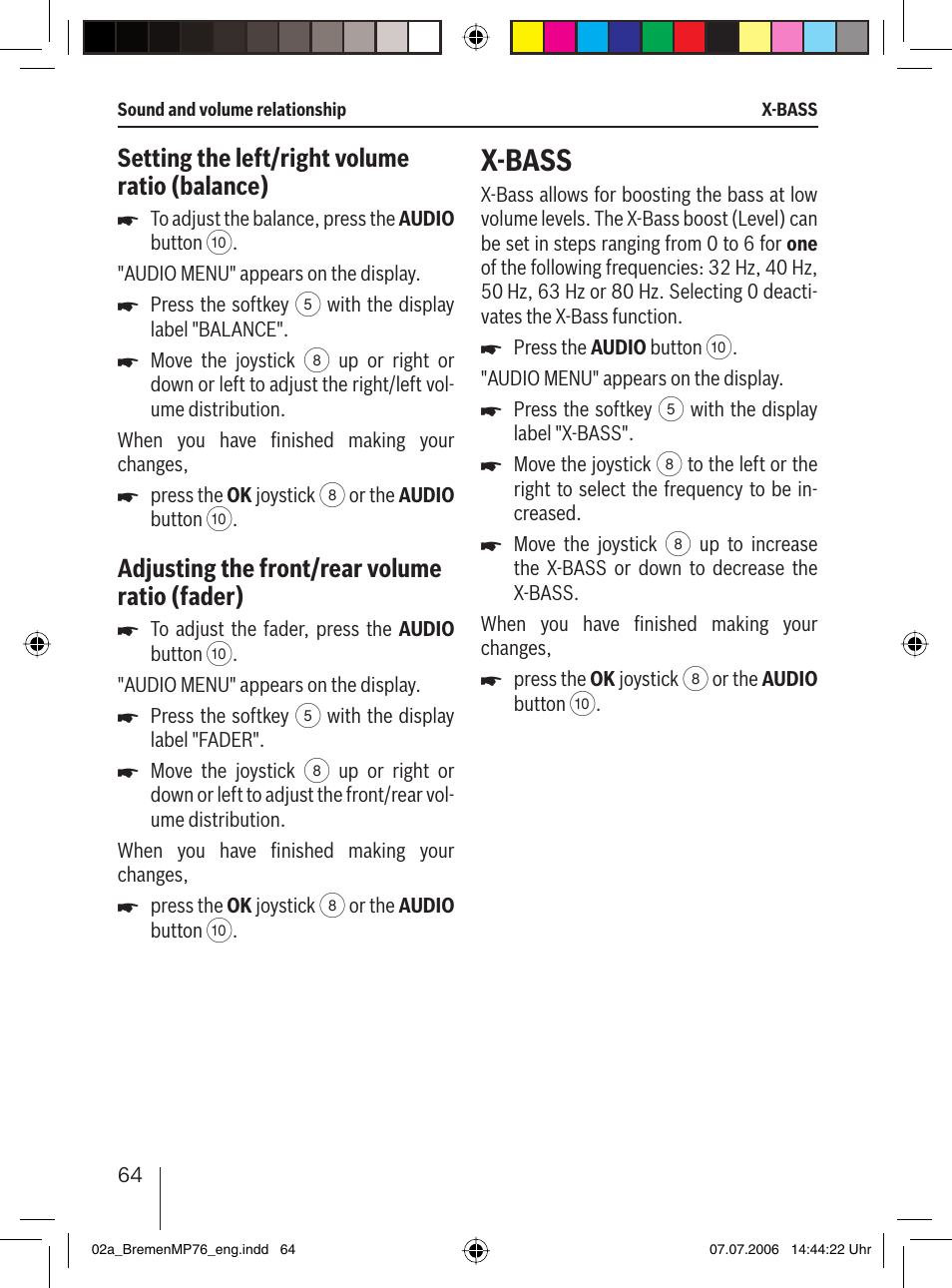 X-bass, Setting the left/right volume ratio (balance), Adjusting the front/rear volume ratio (fader) | Blaupunkt BREMEN MP76 User Manual | Page 12 / 55