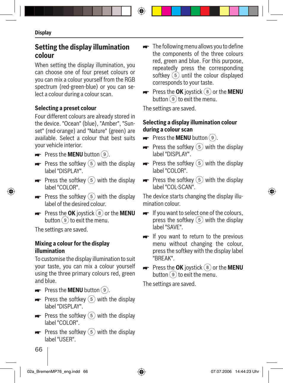 Setting the display illumination colour | Blaupunkt BREMEN MP76 User Manual | Page 14 / 55
