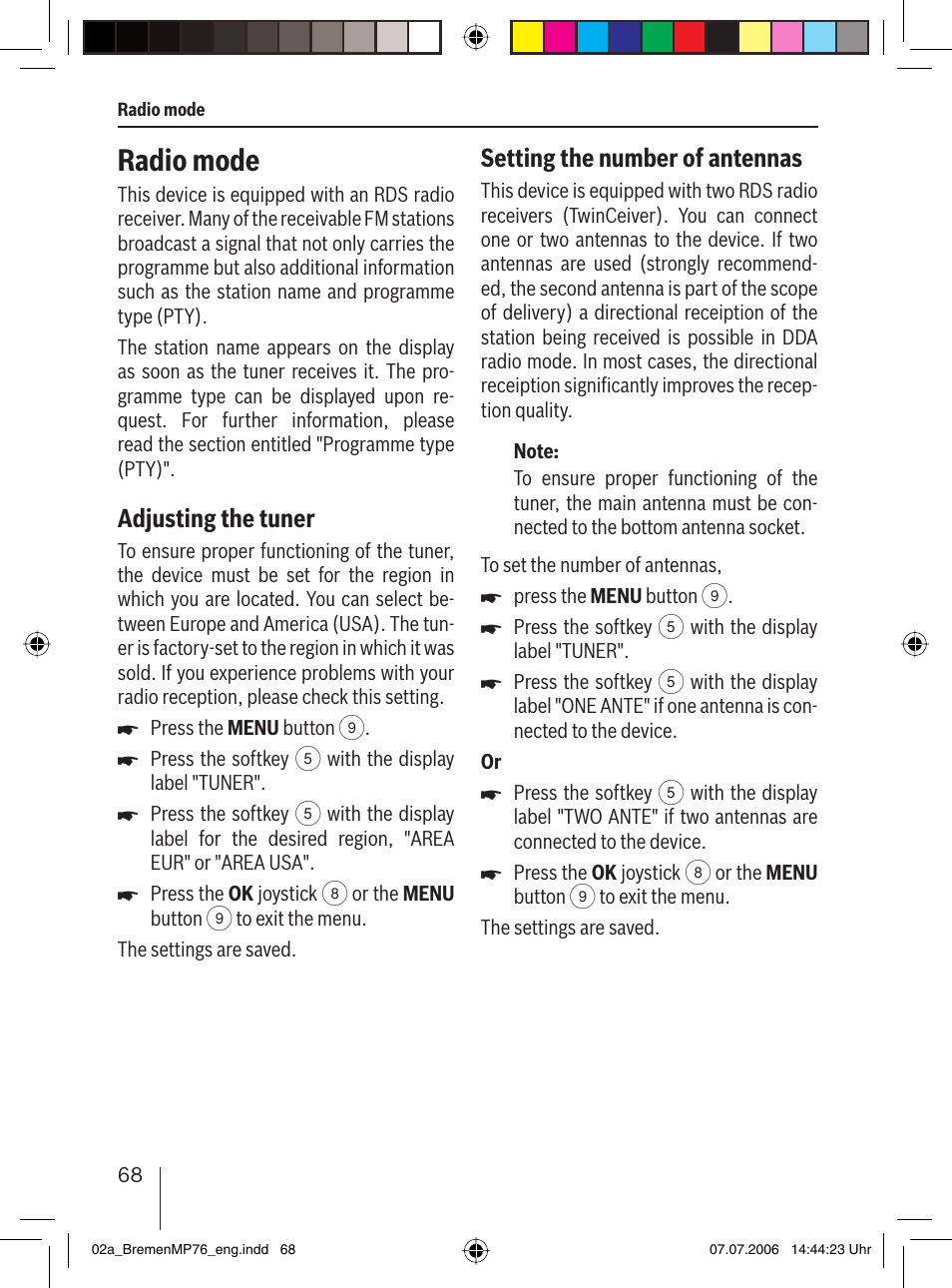 Radio mode, Setting the number of antennas, Adjusting the tuner | Blaupunkt BREMEN MP76 User Manual | Page 16 / 55