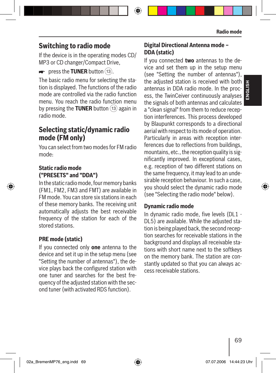 Switching to radio mode, Selecting static/dynamic radio mode (fm only) | Blaupunkt BREMEN MP76 User Manual | Page 17 / 55