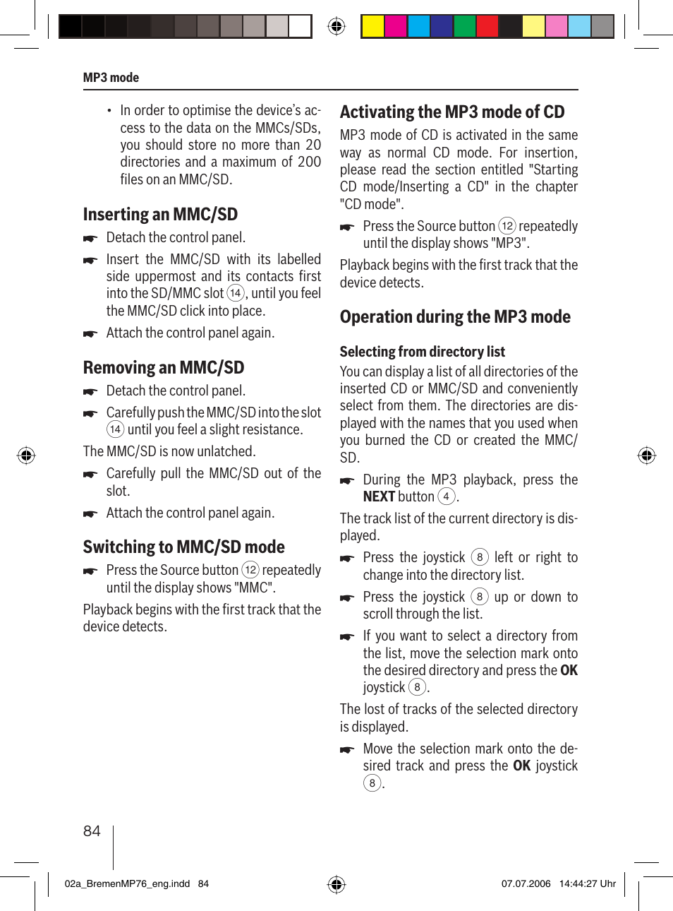 Inserting an mmc/sd, Removing an mmc/sd, Switching to mmc/sd mode | Activating the mp3 mode of cd, Operation during the mp3 mode | Blaupunkt BREMEN MP76 User Manual | Page 32 / 55