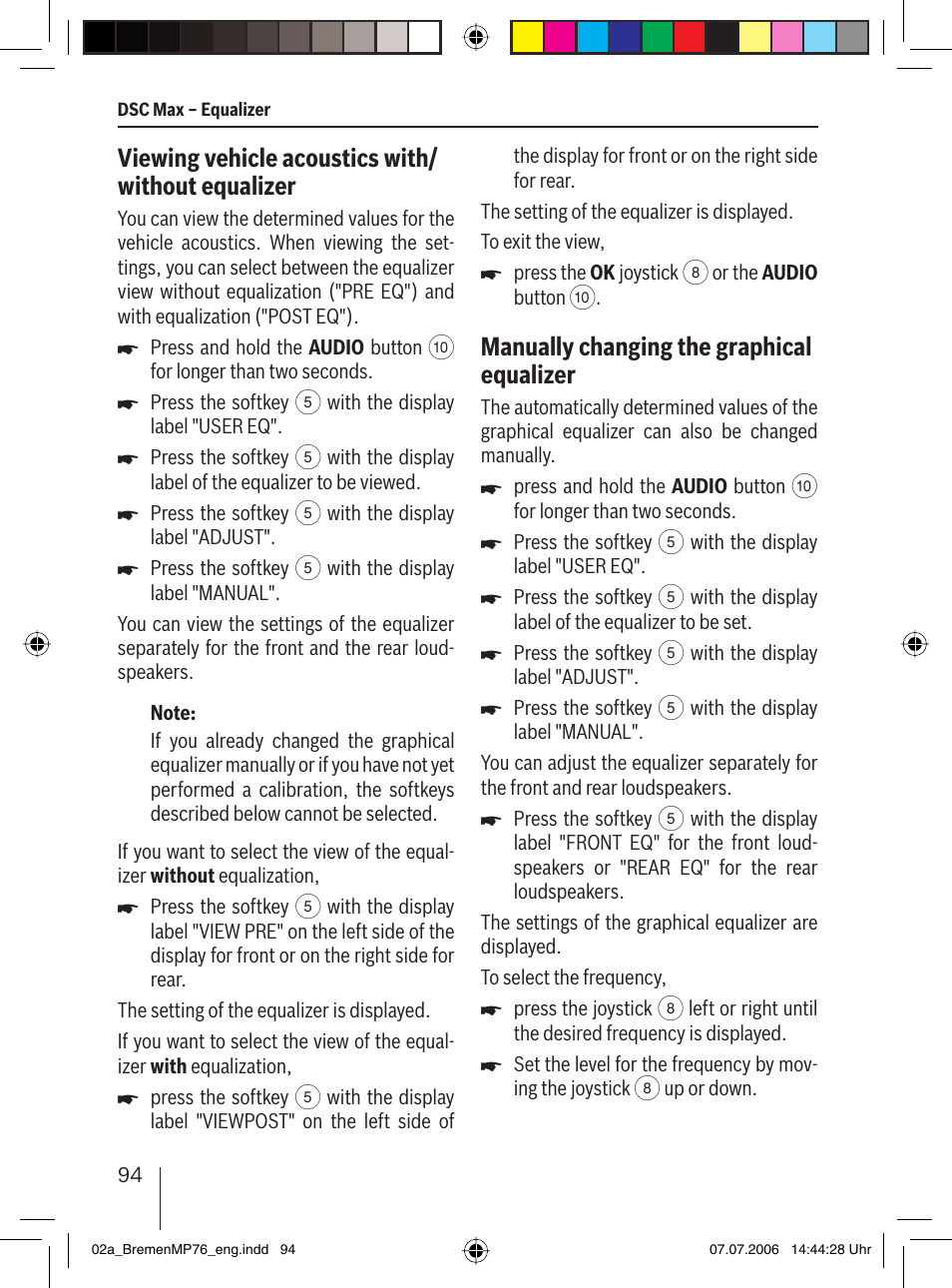 Viewing vehicle acoustics with/ without equalizer, Manually changing the graphical equalizer | Blaupunkt BREMEN MP76 User Manual | Page 42 / 55