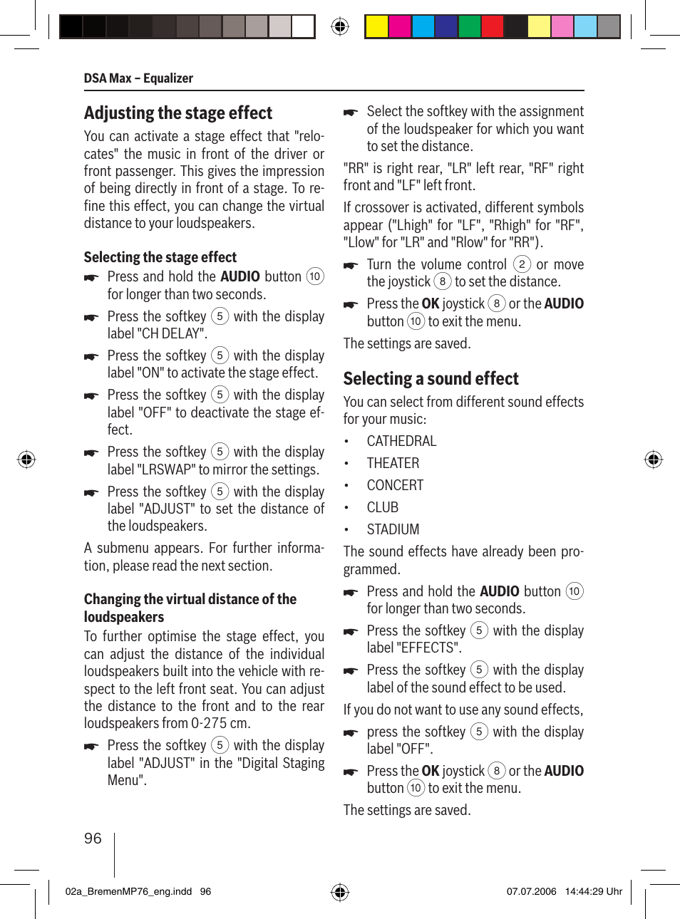 Adjusting the stage effect, Selecting a sound effect | Blaupunkt BREMEN MP76 User Manual | Page 44 / 55