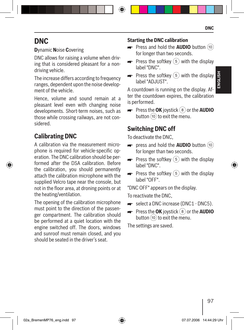 Calibrating dnc, Switching dnc off | Blaupunkt BREMEN MP76 User Manual | Page 45 / 55