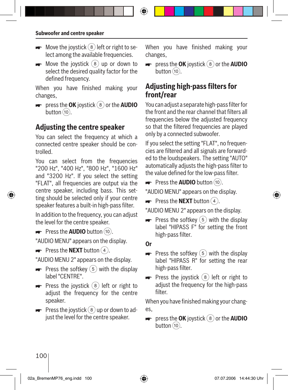 Adjusting the centre speaker, Adjusting high-pass ﬁ lters for front/rear | Blaupunkt BREMEN MP76 User Manual | Page 48 / 55