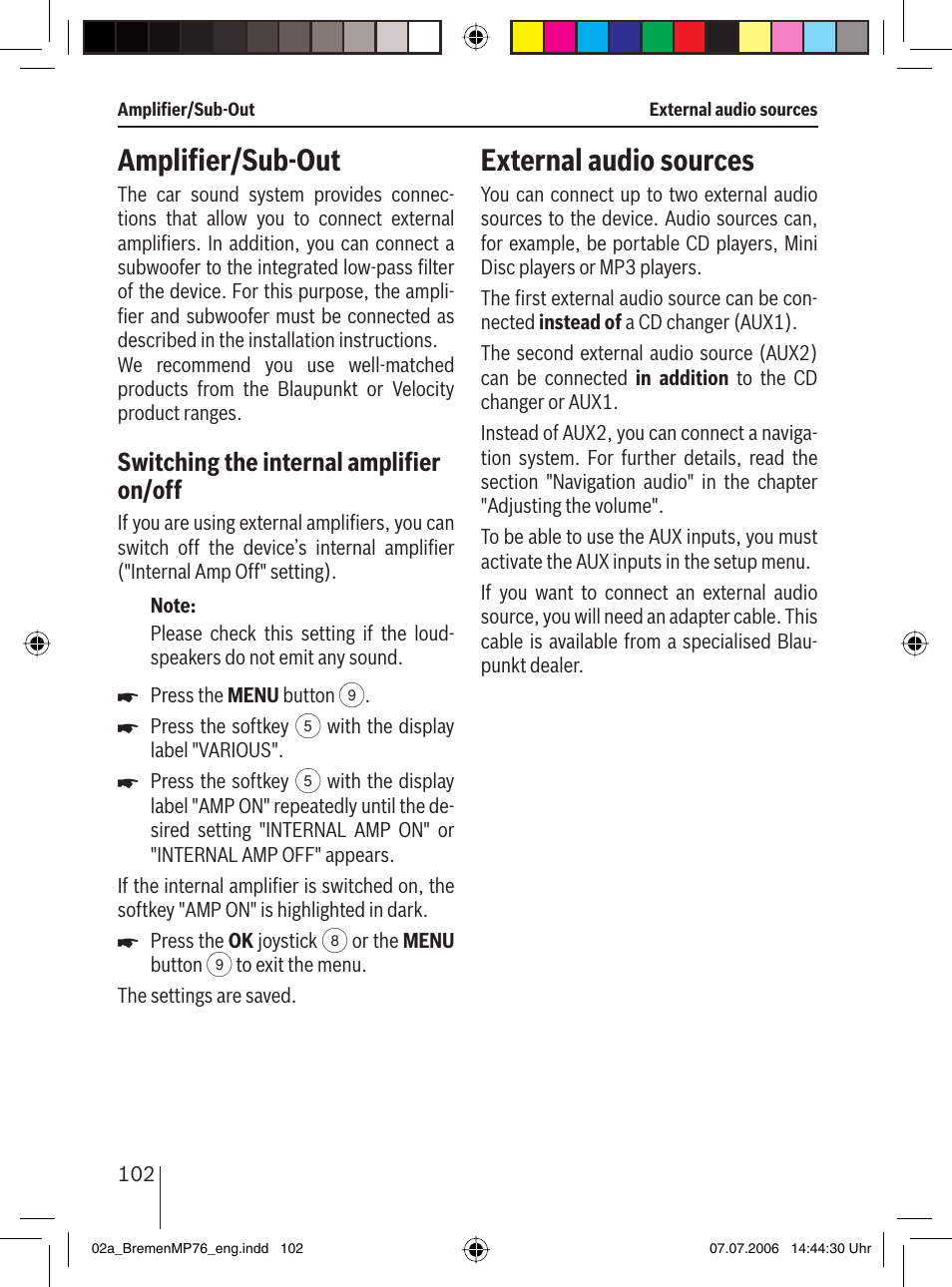 Ampliﬁ er/sub-out, External audio sources, Switching the internal ampliﬁ er on/off | Blaupunkt BREMEN MP76 User Manual | Page 50 / 55