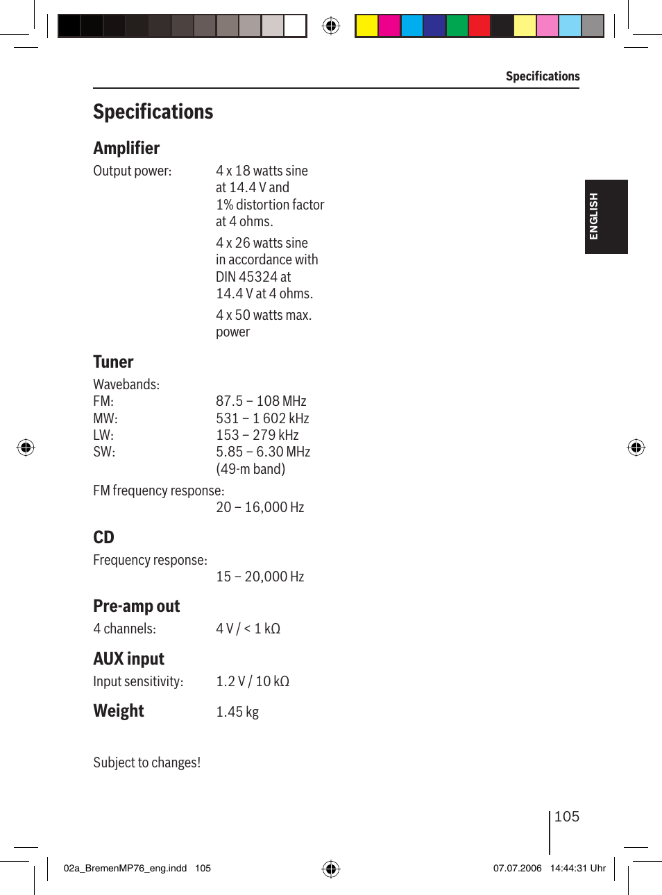 Speciﬁ cations, Ampliﬁ er, Tuner | Pre-amp out, Aux input, Weight | Blaupunkt BREMEN MP76 User Manual | Page 53 / 55