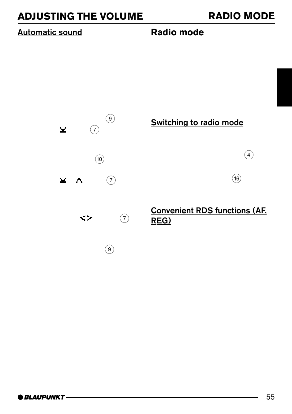 Adjusting the volume radio mode, Radio mode, Automatic sound | Switching to radio mode, Convenient rds functions (af, reg) | Blaupunkt Acapulco MP54 User Manual | Page 12 / 45
